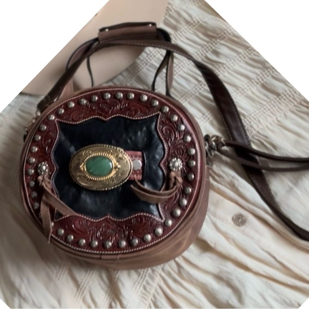 Vintage Western Leather Round Crossbody Bag